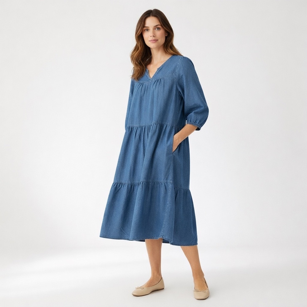 The Vermont Country Store Denim Tiered Midi Muumuu Dress Pockets L Prairie Boho
